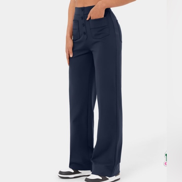 Halara High Waisted Faux Buttons Pockets Straight Leg Pants Navy - Picture 2 of 7